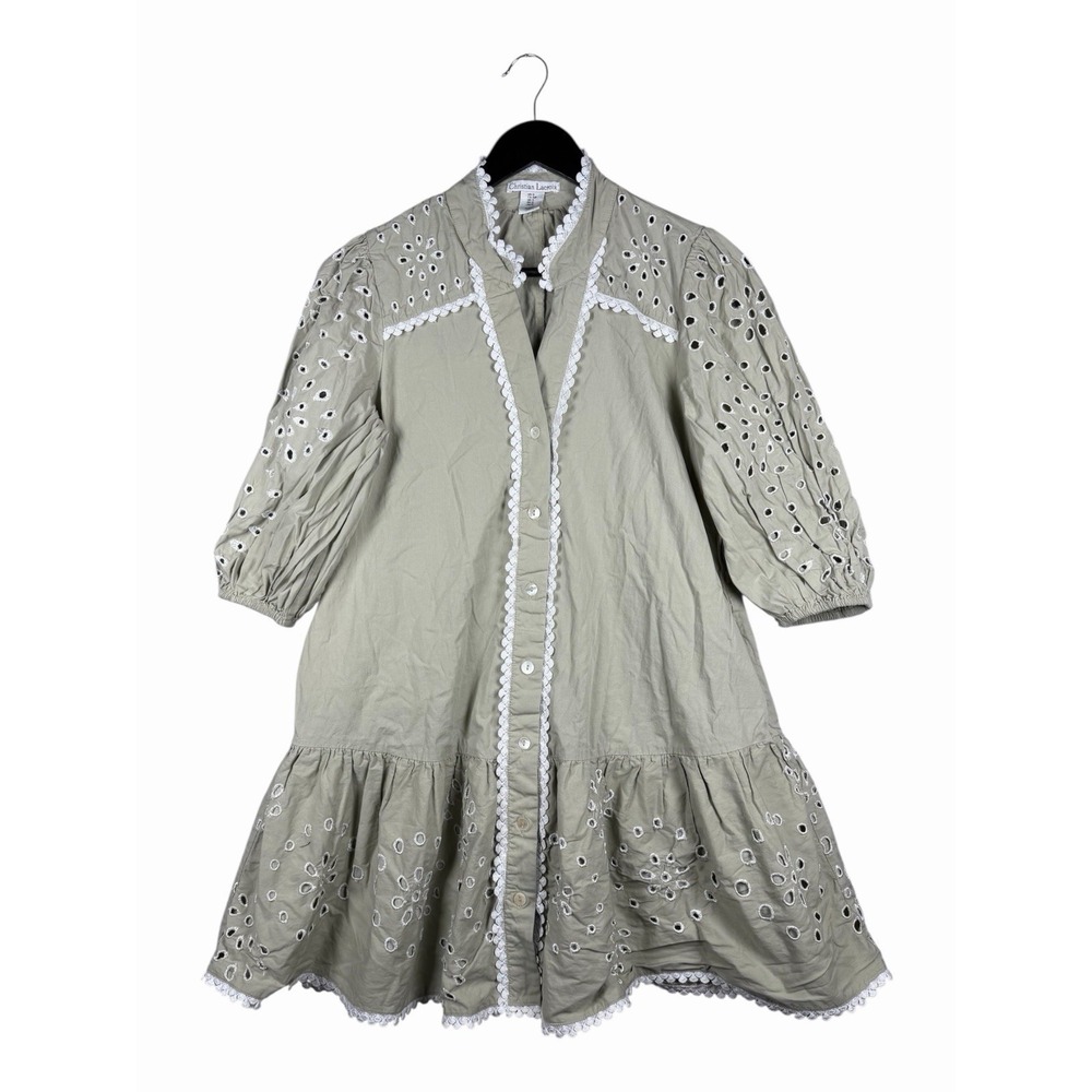 Christian Lacroix S Olive Green Cotton Eyelet Dress Button Front White Lace Trim